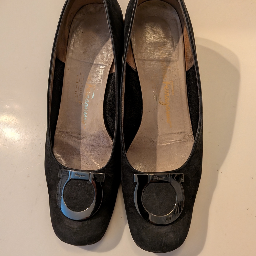 Salvatore Ferragamo Dark Gray / Black Suede Heels with Silver Buckle |  Size 6C